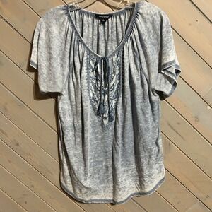 Lucky Brand‎ Embroidered Tassel Tie Top Blouse Blue White Burnout Womens Size L